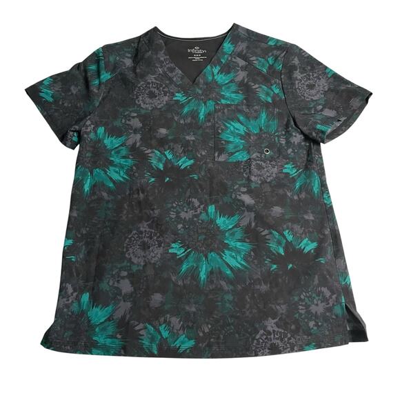 Cherokee Infinity Mens Scrub Top Size Medium Green Black Texture Burst 1 Pocket - Picture 1 of 7